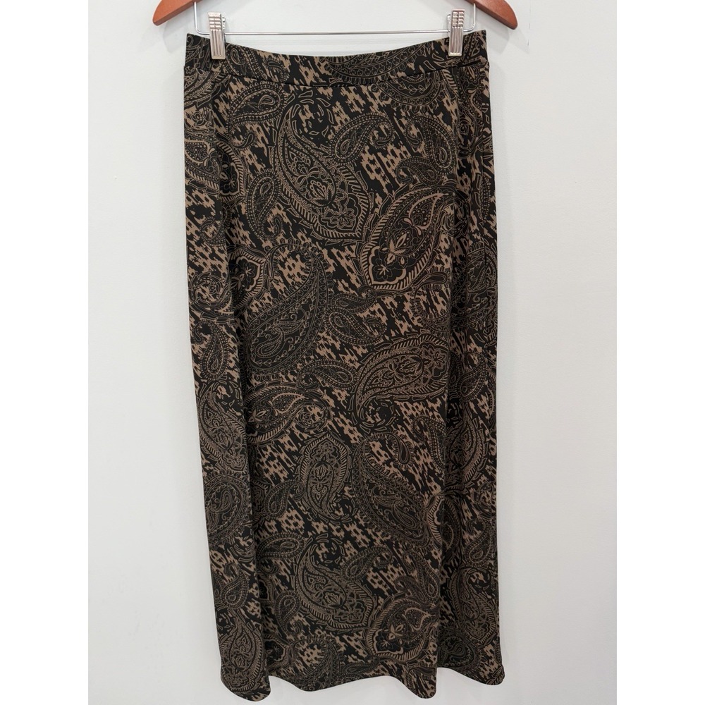 EasyWear by Chico's Paisley Midi Maxi Skirt Black Beige Pull On M Retro Boho